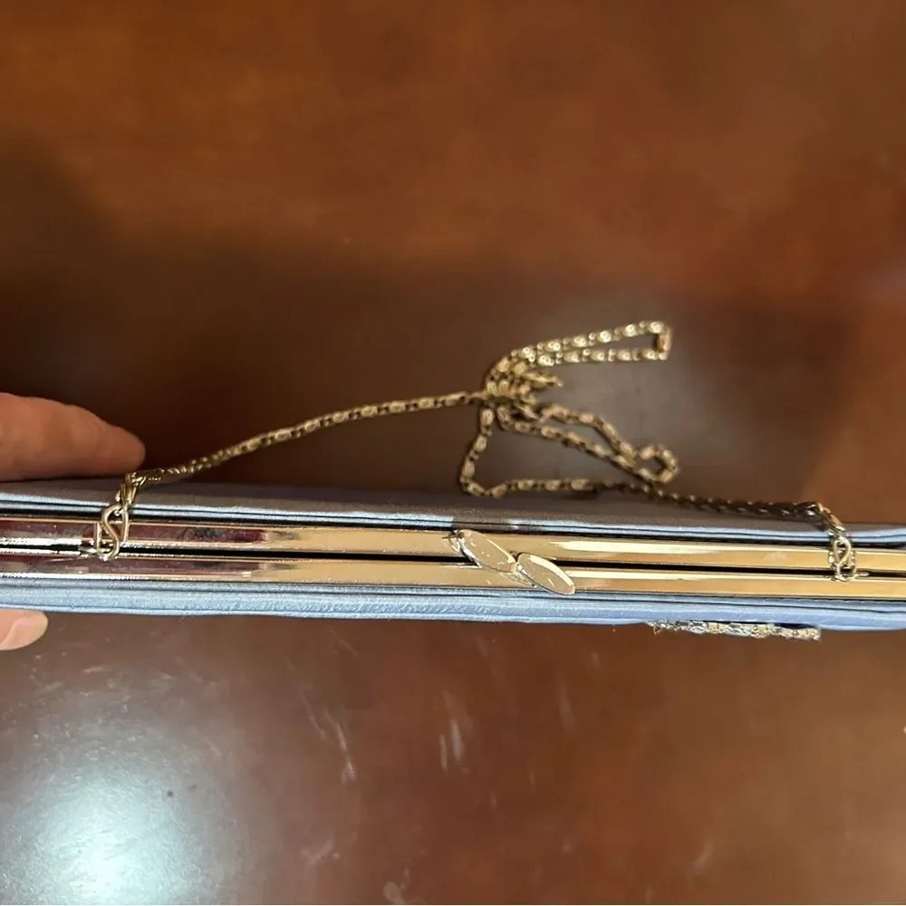 Menbur Powder Blue Evening Clutch Purse Detachable Gold Chain Strap Wedding Prom